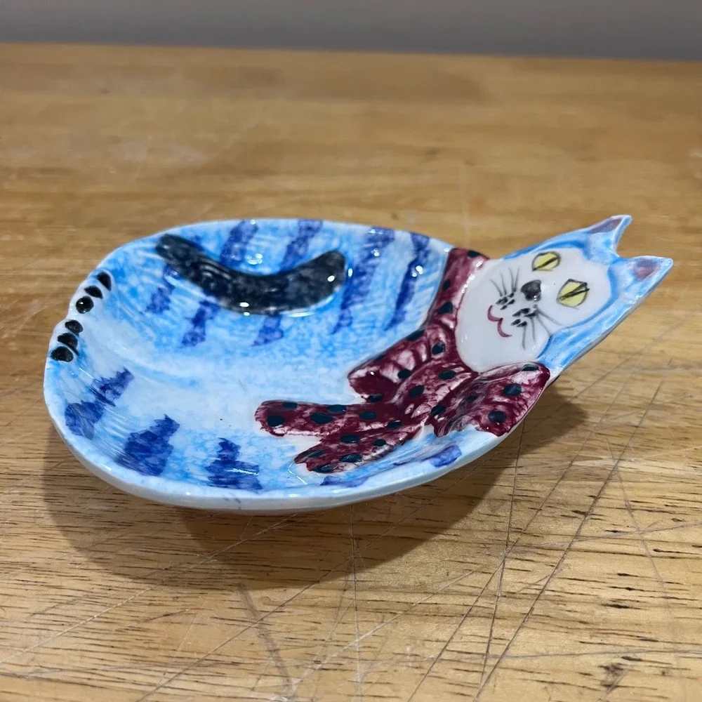 Vtg Reading China & Glass‎ Italy Ceramic Blue Cat Trinket Dish Kitschy Folk Art